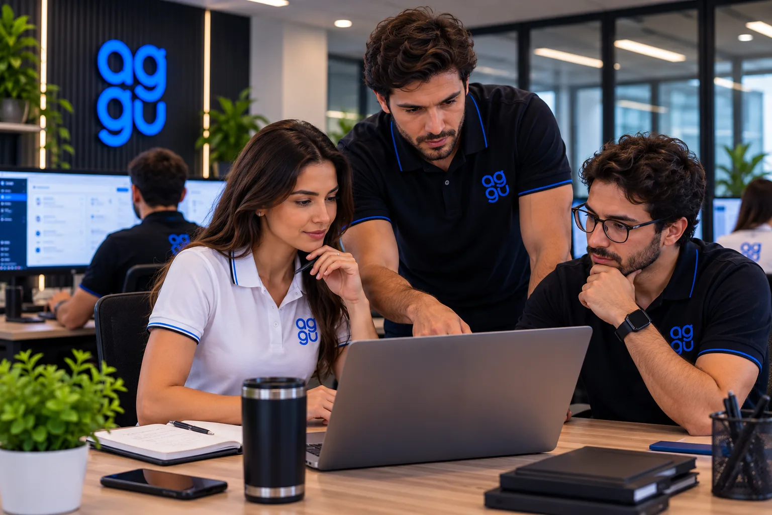 Equipe AGGU de uniforme com um escritório parceiro diante de uma tela.