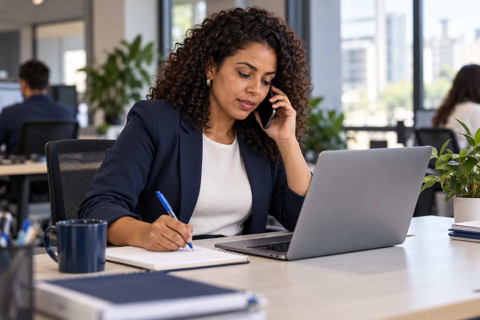 Profissional ao telefone com uma empresa cliente, anotando algo ao lado do notebook.