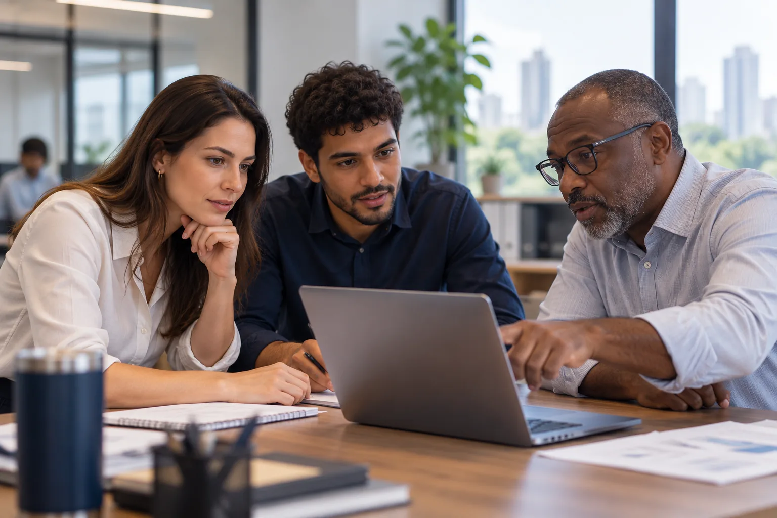 Três pessoas de um escritório contábil conferindo no notebook os dados que chegaram do cliente.