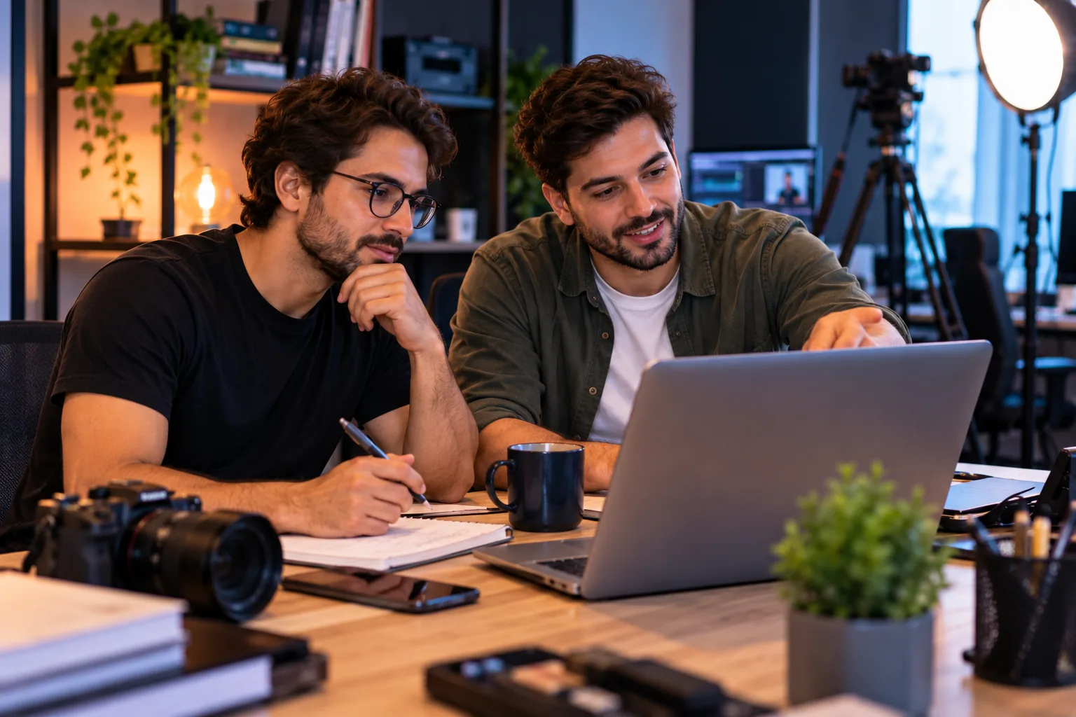 Duas pessoas de um negócio digital diante do computador, conversando sobre as vendas do mês.