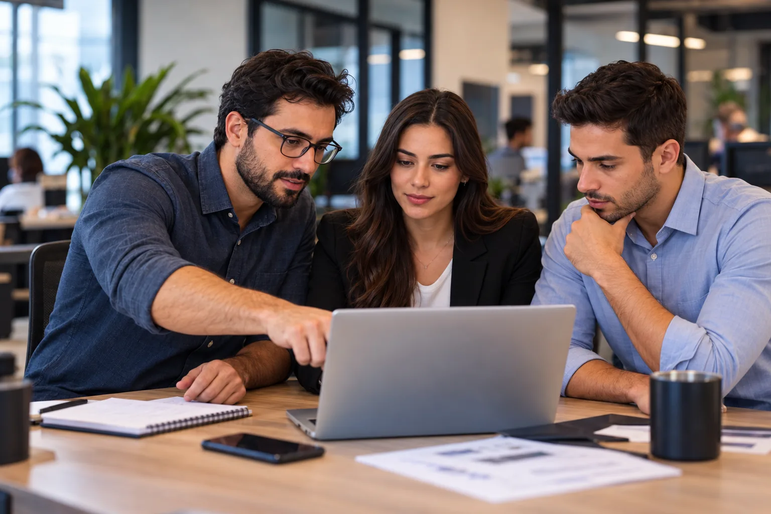 Três pessoas de um escritório contábil em volta de uma mesa, uma delas apontando para o notebook.